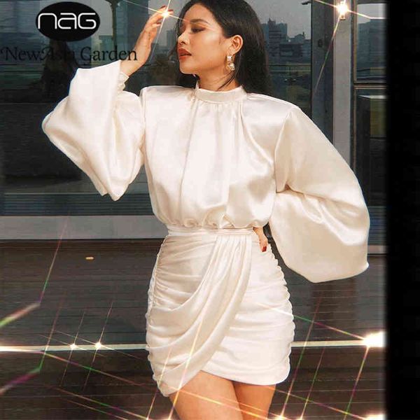 

newasia lantern sleeve satin dress women white draped elegant party dress pleated summer dresses night club mini outfits clothes 210413, Black;gray