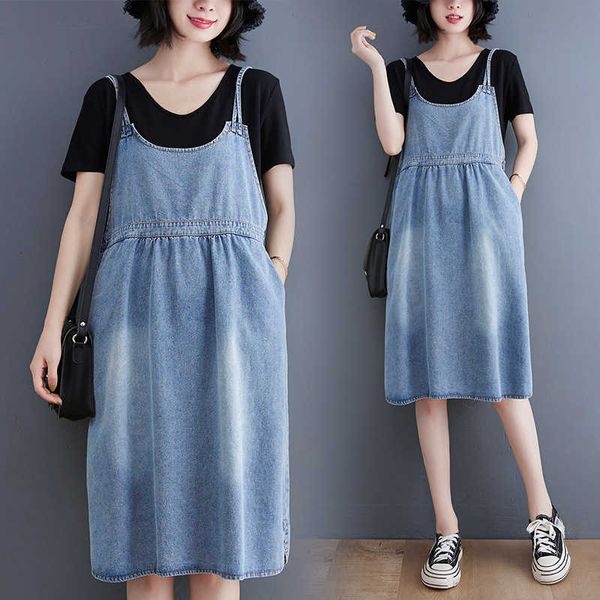 

long mid denim suspender drs for women in summer, Black;gray