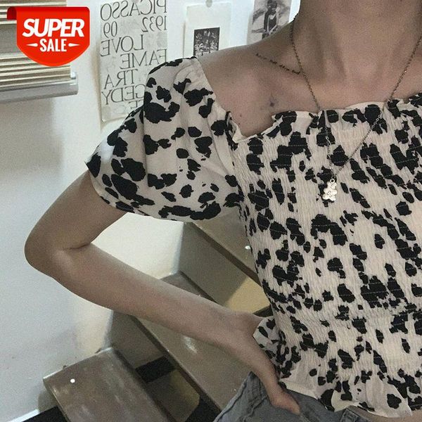 

girl cow one-shoulder short chiffon blouse puff sleeve fungus bm strapless folds #ga2t, White