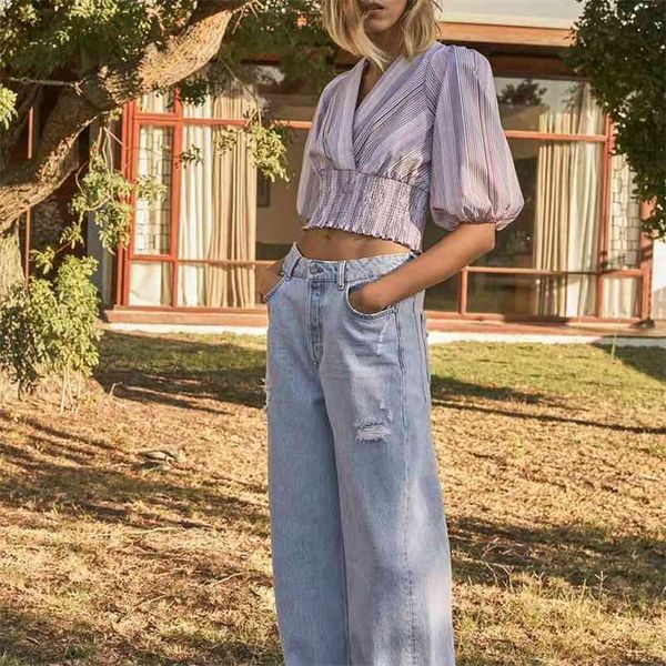 

women summer shirt striped half lantern sleeve short open stitch v-neck blouse blusas bb1197 210513, White