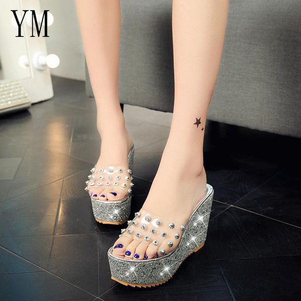 

dress shoes 020 pvc women wedge heel heels platform sandals summer slippers thick slides ladies zapatos mujer 35-39, Black