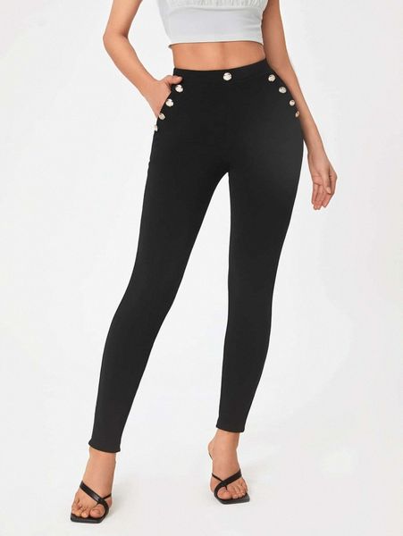 

tall button detail skinny pants 59bz#, Black;white