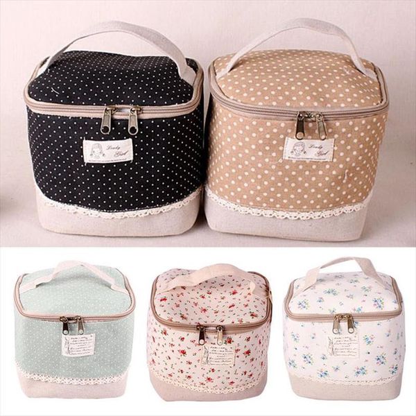 

women floral dot cosmetic bags cotton linen makeup case travel organizer hand held zipper beauty large capacity