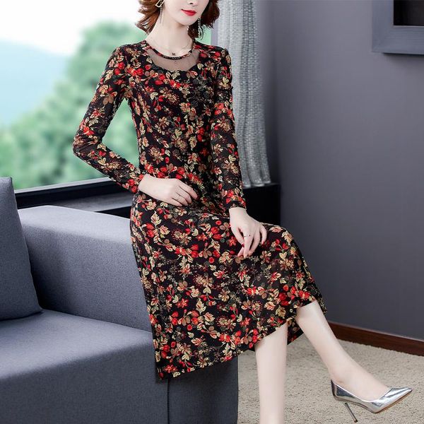 

casual dresses 2021 bodycon red floral mesh beach midi spring autumn women vintage office lady dress elegant party vestidos, Black;gray