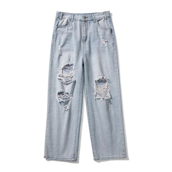 

men's jeans thin light-colored ripped straight loose spring and summer tide brand high street students' wide-leg cropped t, Blue
