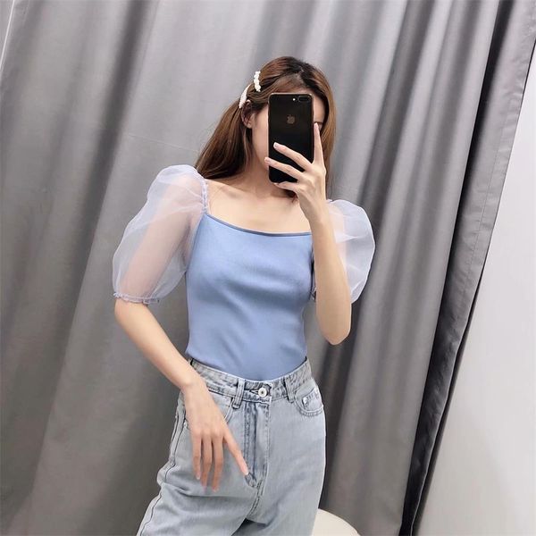 

summer square collar womens off shoulder clavicle fluffy short sleeved stitching thin knitted top, White