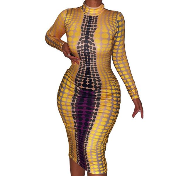 

casual dresses women wrapped dress, long sleeve high neck dot geometry print slimming summer fall midi yellow, Black;gray