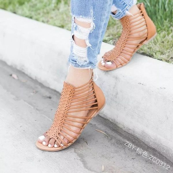 

narrow band flat with gladiator sandals women cover heel rome sewing zipper concise plus size summer bohemian shoes, Black
