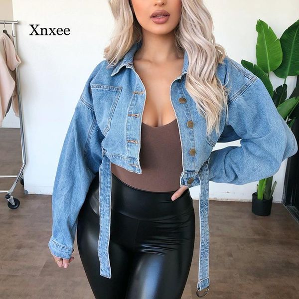 

women's jackets spring loose denim jacket with belt retro casual long sleeve plus size female street, Black;brown