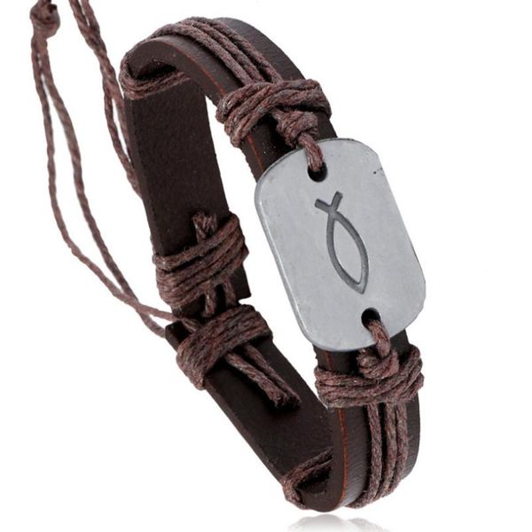 

charm bracelets fashion vintage jesus fish genuine leather bracelet wrap rope bangle wristband casual cristiano for men women jewelry gift, Golden;silver