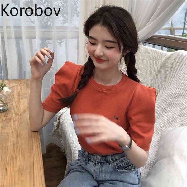 

korobov summer new fashion o neck puff sleeve women t shirts korean sweet chic solid preppy style t shirt tee 210430, White