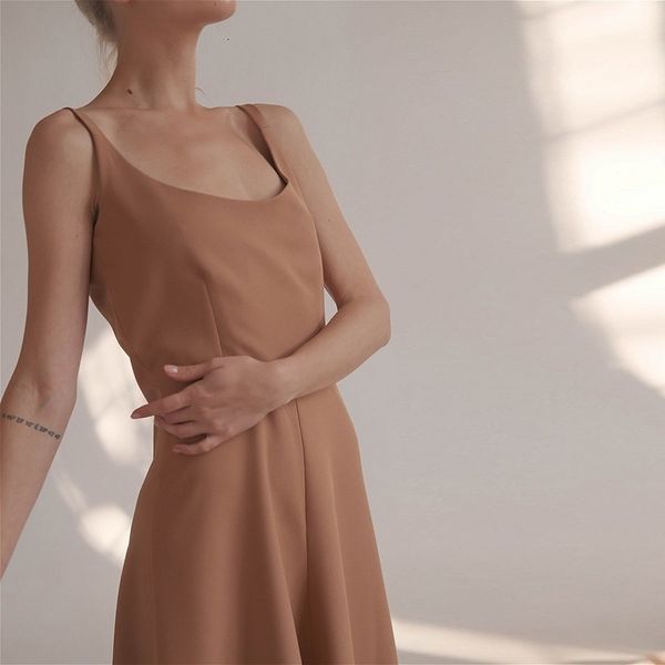 

casual dresses 2021 summer white backless a-line long party date solid high waist spaghetti strap women elegant simple 7a47, Black;gray