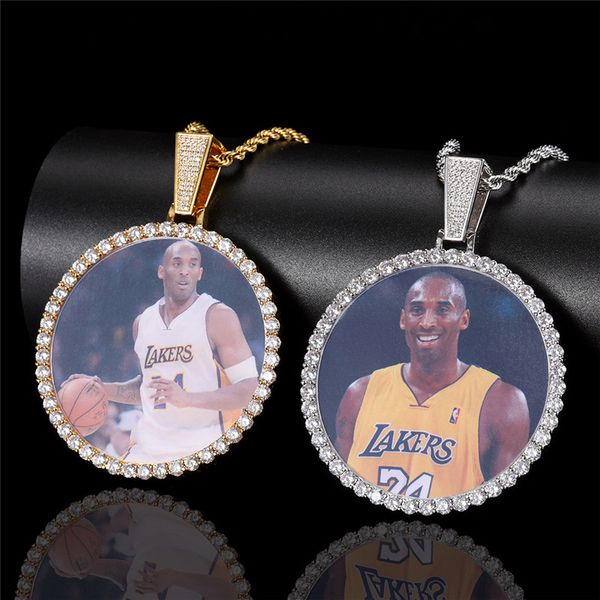 68mm Foto Rotonda Rotondità Personalizzata Collana con Pendente Posteriore Solido Con Catena da Tennis Gioielli Hip Hop Bling da Uomo in Zircone Cubico