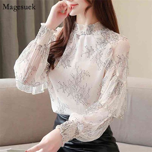

floral vintage women blouses ruffles pullover lace blouse elegant long sleeve fashion shirts 2462 50 210512, White