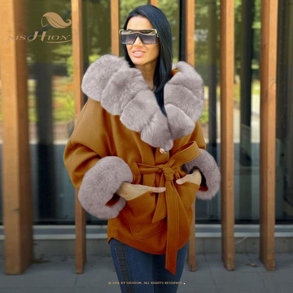 

women's wool & blends sishion winter short jackets women fashion tie belt waist coats elegant side pockets faux fur female ladies vd258, Black