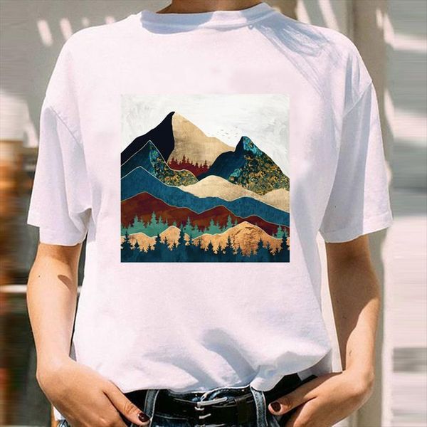 

graphic mountain cartoon vacation womens girl 90s spring summer short sleeve lady print female clothes tees t shirt, White