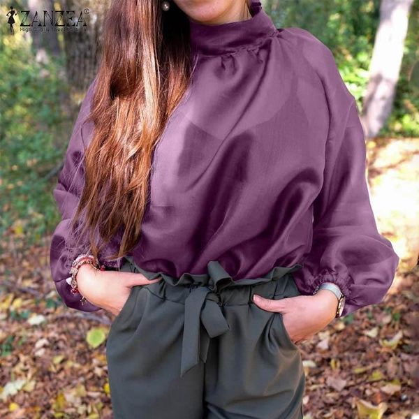 

women's blouses & shirts 2021 fashion women's blouse spring office lady puff sleeve bandage zanzea casual solid pleated loose over, White