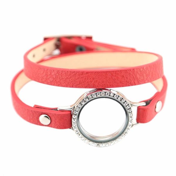 

link, chain glass locket bracelet czech crystal alloy round wrap red leather for floating charms women, Black