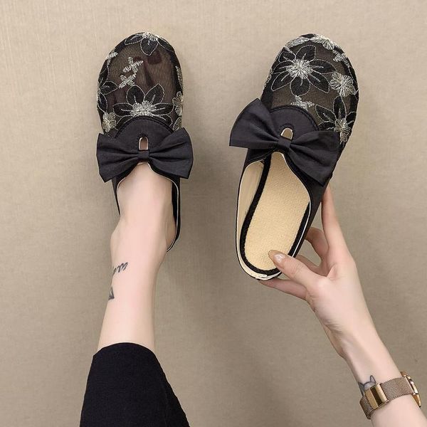 

flat shoes female butterfly-knot woman's slippers cover toe low lace slides 2021 summer rubber fabric fretwork, Black