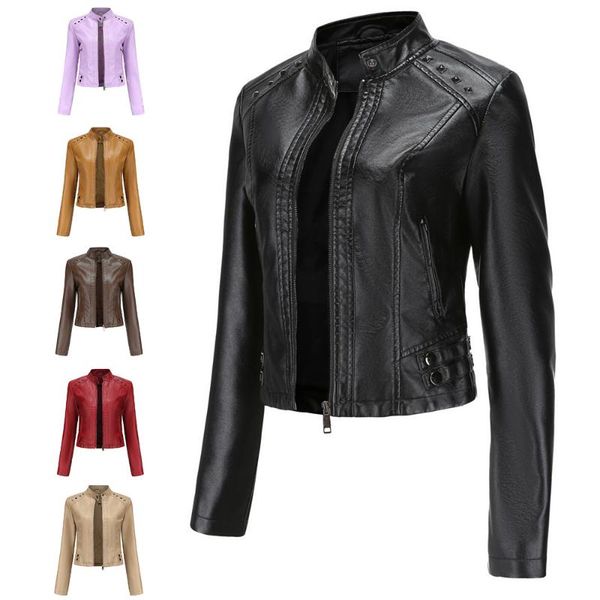 

women's leather & faux fashion slim stand collar jacket motorcycle punk streetwear spring and autumn coat, Black