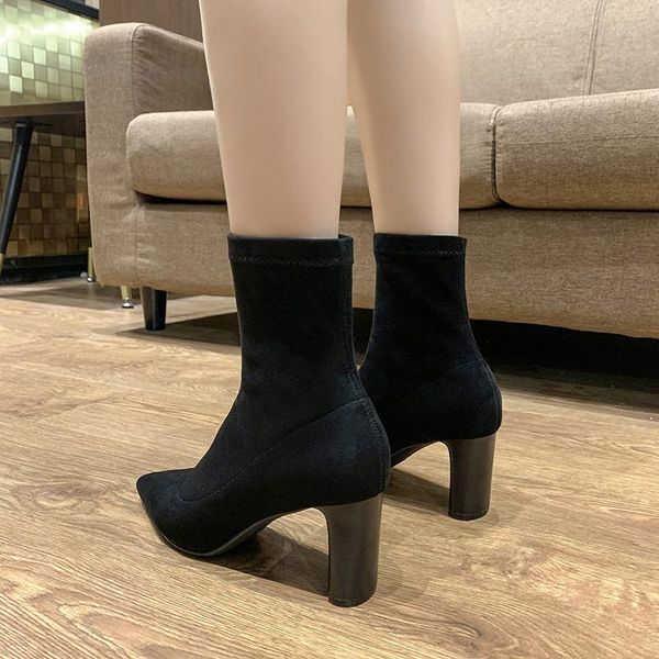 

boots pointed 2021 summer short women's net red skinny thick heel super high legged suede, Black