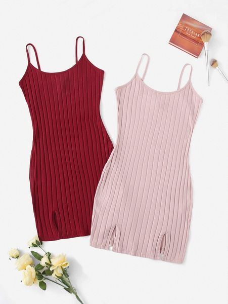 

2 pack -slit hem rib-knit dress n4fq#, Black;gray