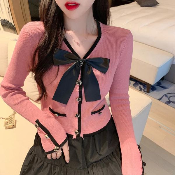 

women's knits & tees sueters de mujer temperament retro autumn v neck bow pink cardigan knitted coat slim hit color long sleeve knit sw, White