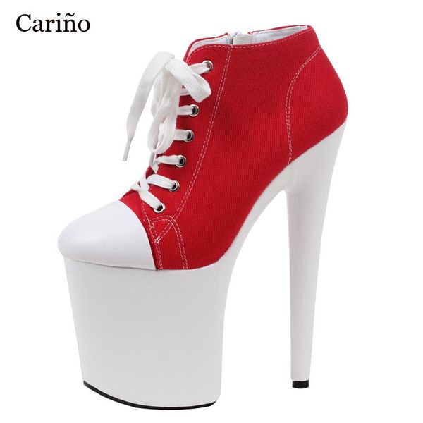 

20cm ultra-high heel stripper exotic dancing pumps women's thick platform red canvas lace-up ankle boots size 5-12, Black