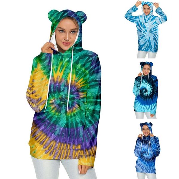 

hoodie men and women fashion trend tie-dye cat ears hooded long-sleeved pullover sweatshrit ladies clothing chandail c50 women's hoodi, Black
