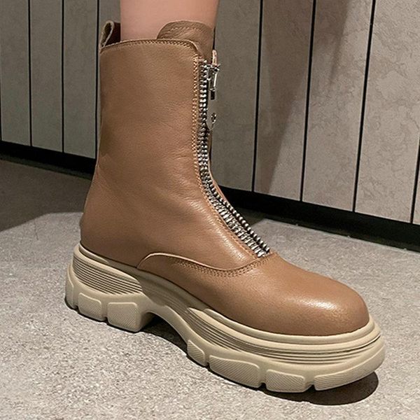 

boots zippers women ankle genuine leather vintage chunky heels platform for winter working casual shoes woman, Black