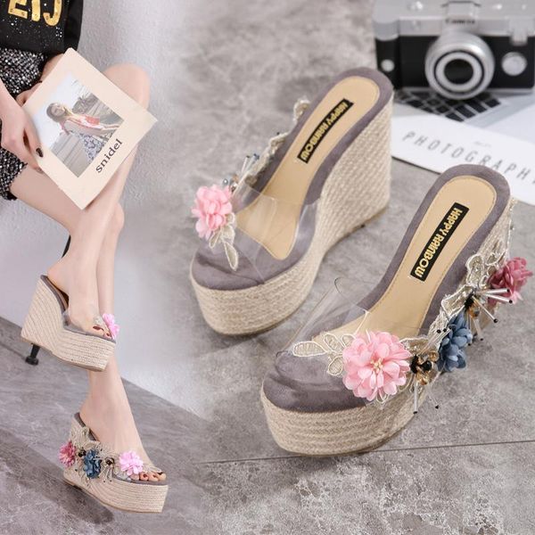 

wedge heel super high platform sandals within 12cm heightening lace rhinestone flowers women's slippers, Black