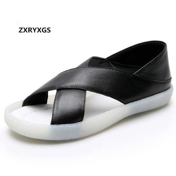 

summer genuine leather sandals comfortable soft flat shoes woman casual big size women sandal, Black
