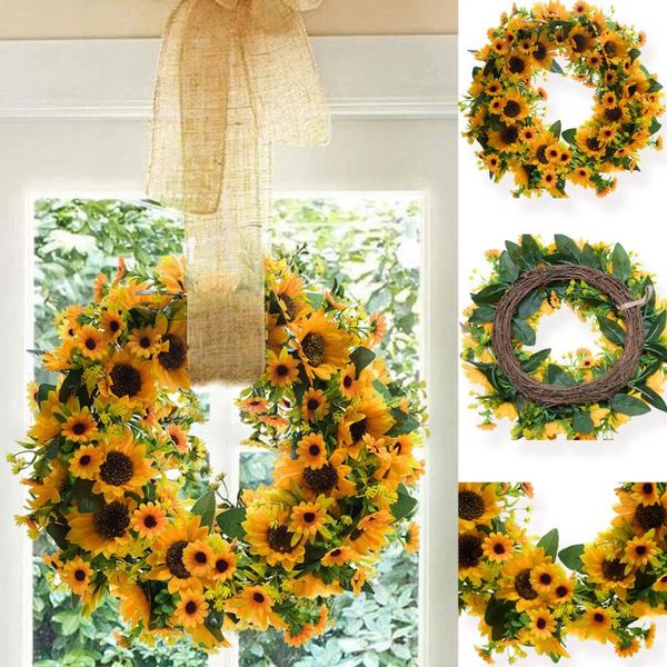 

1pcs artificial sunflower wreath summer xmas wall decorative fake flower with yellow and green leaves pendant flowers & wreaths