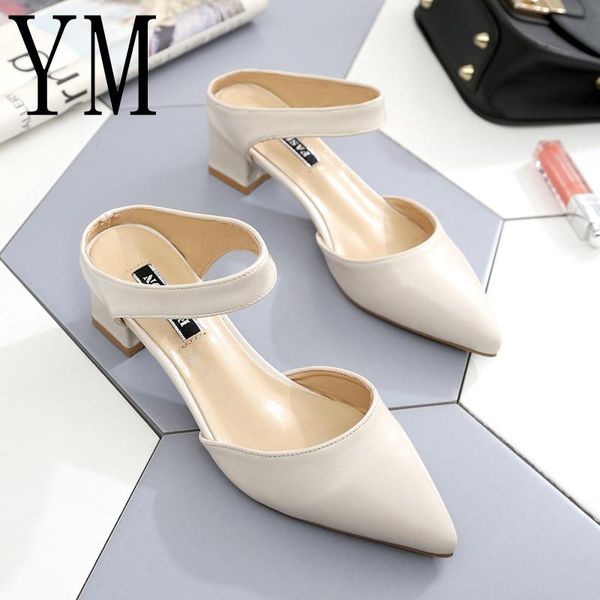

dress shoes 2021 party women mules slipper pointed toe block strap closed shallow high heels sandals beige square heel pumps 35-41, Black