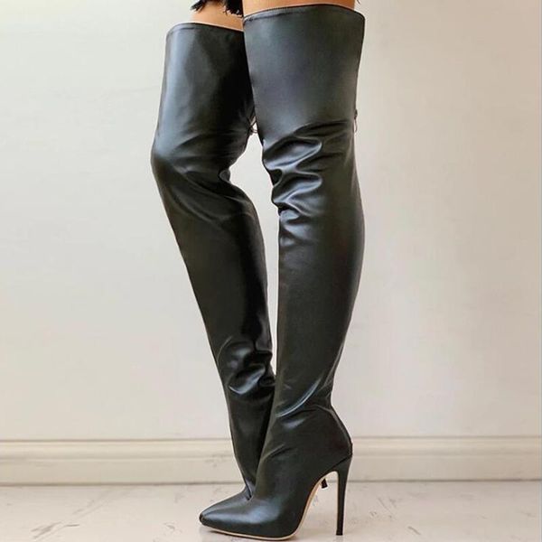 

boots super high stiletto point toe over-the-knee zipper plush inner women's long patent leather catwalk, Black