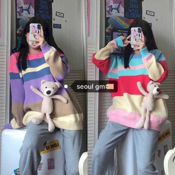 Estudante do outono estudante feminino coreano solto arco-íris listrado Pescoço redondo camisola de malha + esportes de lazer Bloomers de duas peças 210526
