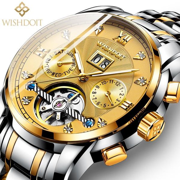 

wristwatches wishdoit original design men's automatic watch hollow tourbillon mechanical stainless steel waterproof gold, Slivery;brown