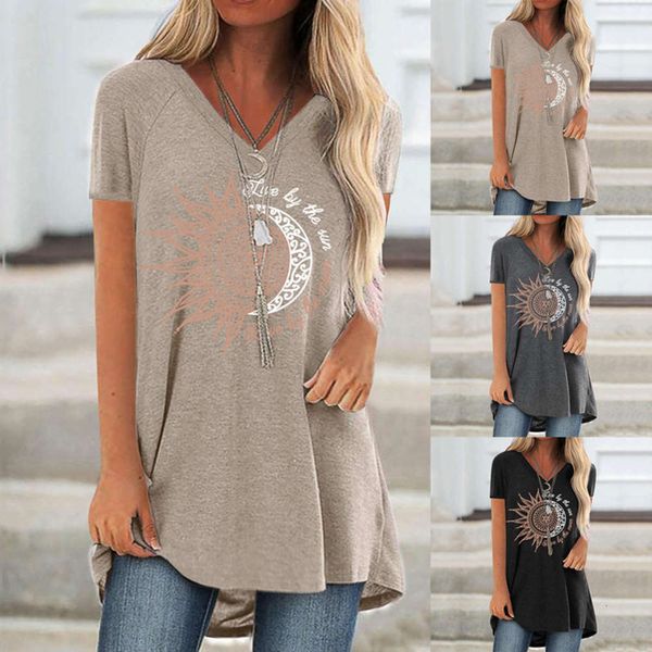 

women's t-shirt 2021 spring and summer fashion short sleeve printing loose medium length pullover v-neck lov 1lum, White