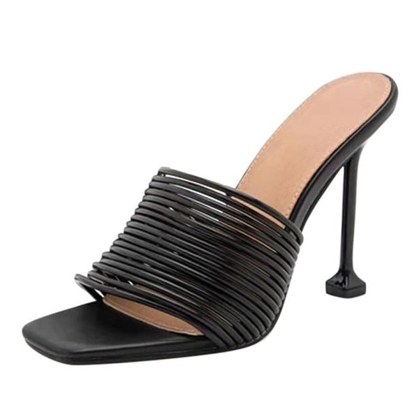 

fashion women sandals 2021 summer beach flip-flop ladies high heels breathable slip-on casual square toe party shoes, Black