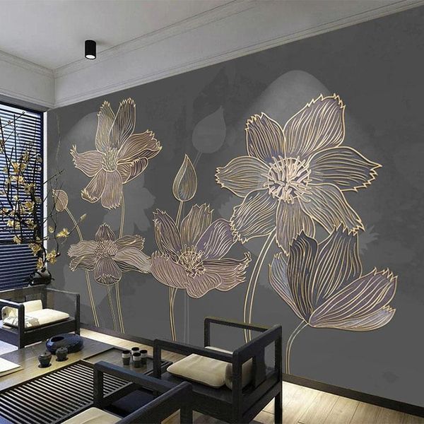 

wallpapers custom po wallpaper european style flower light luxury 3d golden embossed line mural living room tv background wall stickers