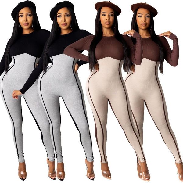 

gym clothing jumpsuit women long sleeve bodysuit threaded cloth patchwork casual round collar line autumn/winter two-color polyester, White;black