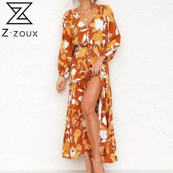 

casual dresses z-zoux women dress flower printed bohemia long floral maxi v neck sleeve lace up beach 2021, Black;gray
