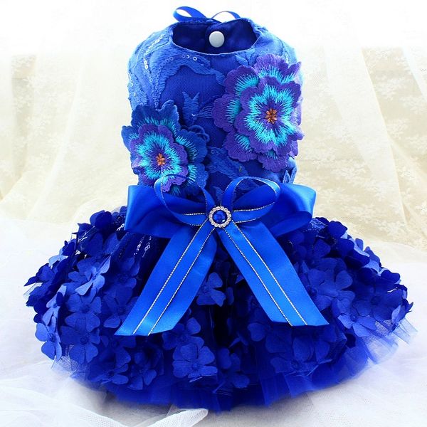

handmade dog apparel clothes gorgeous royal blue embroider 3d flowers more layers tulle gown pet cat princess dress poodle
