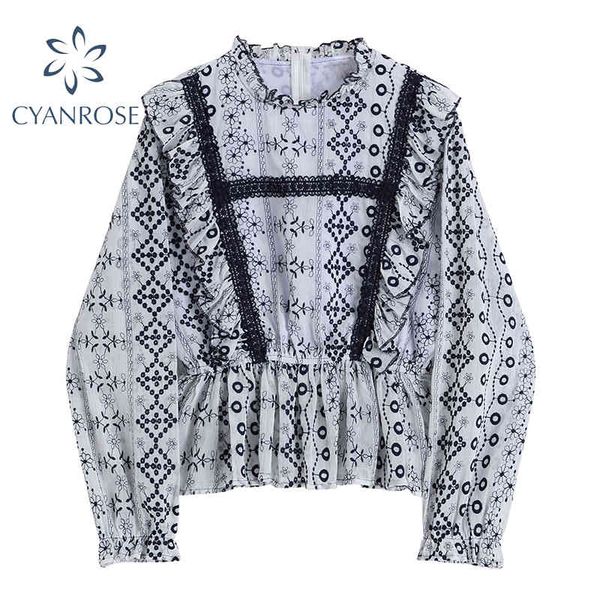 

retro chic print blouses and shirts for ladies bohemian lantern long sleeve spring chiffon blusas ruffle spliced beach 210417, White