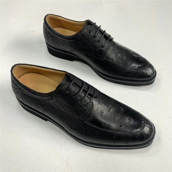 

business style authentic real true ostrich skin men's dress shoes genuine exotic leather pointed toe male lace-up for suit, Black