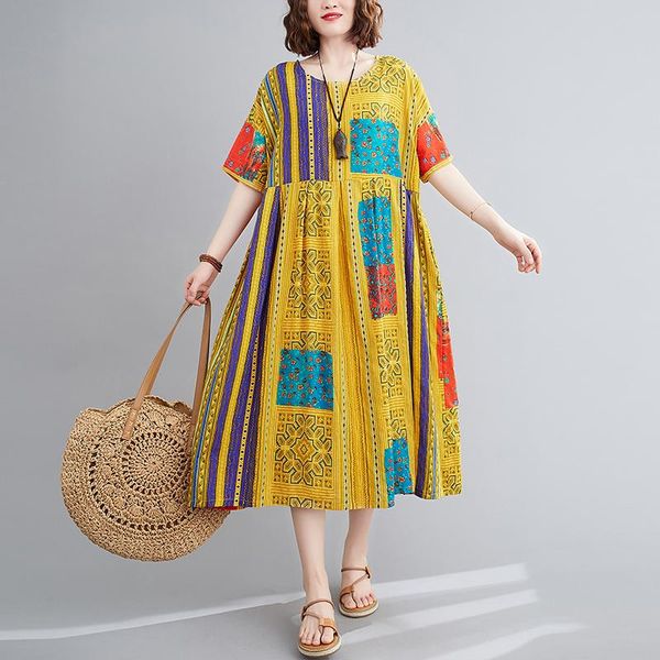 

plus size dresses 2021 arrival short sleeve loose summer dress soft cotton linen print floral vintage women casual long, Black
