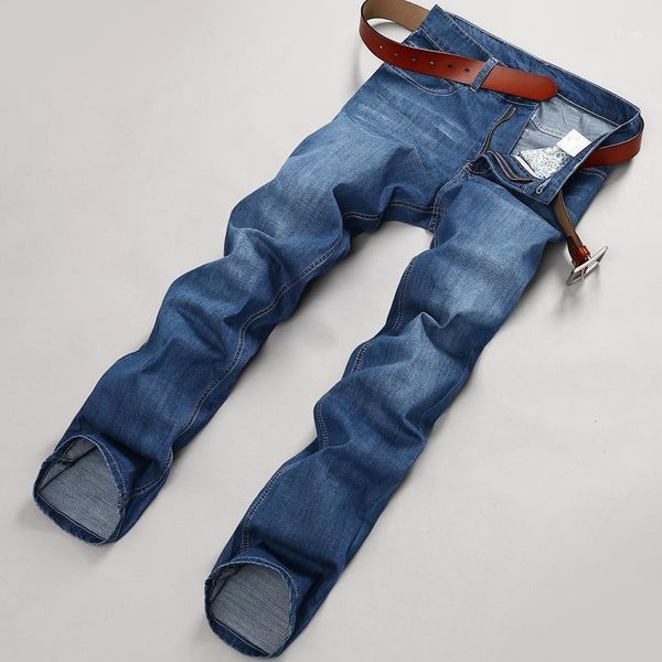 

large size men's jeans slim straight korean big business casual stretch long pants thin section men blue trousers