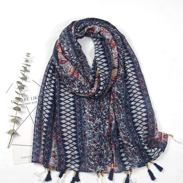 

spring and summer new national style cashew nut printed wood bead tassel cotton linen scarf women's beach sunscreen shawl silk, Blue;gray