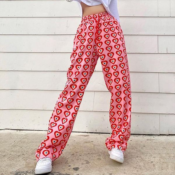 

pink heart printed y2k women pant elastic high waist plus size drawstring streetwear summer hip hop woman, Black;white