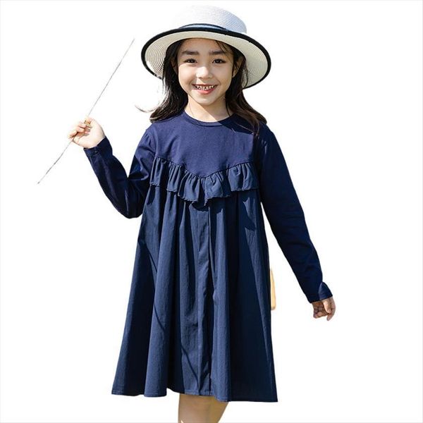 

big girls spring kids clothes girl dress long sleeve cotton ruffle teenage children blue patchwork ruched age 4 14, Red;yellow